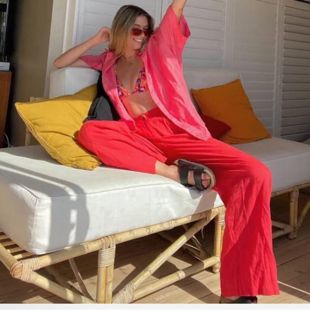 100% Linen VRG Red Women's Pants for summer vacation resort 2 / 4 / small
